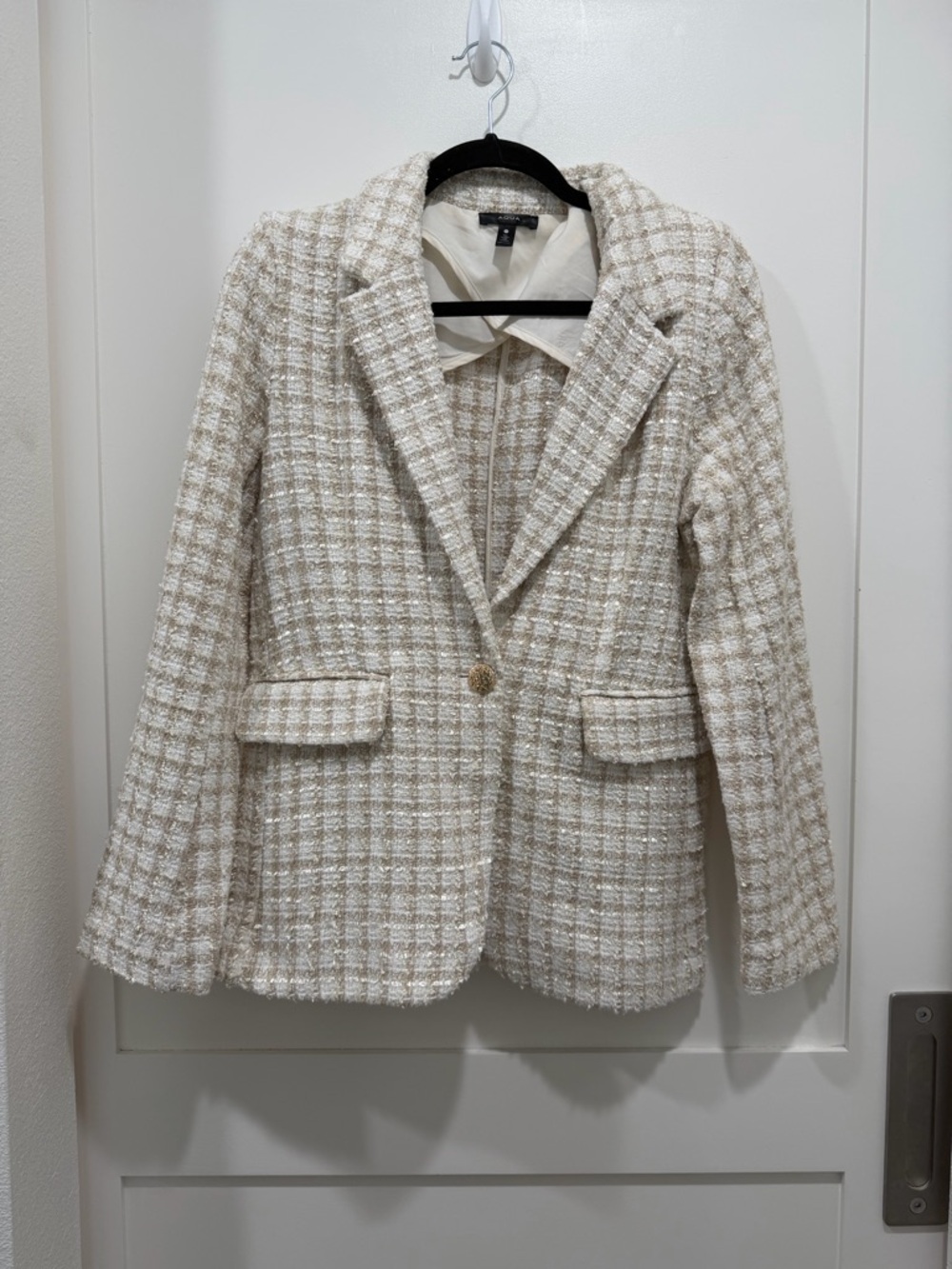 AQUA Tweed Blazer & Shorts Set White Gold Cream Matching Suit Size M